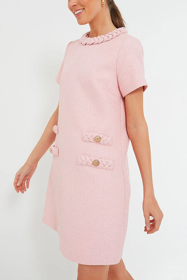 Tweed Braided Trim Faux Pocket Metallic Button Shift Mini Dress - View 5