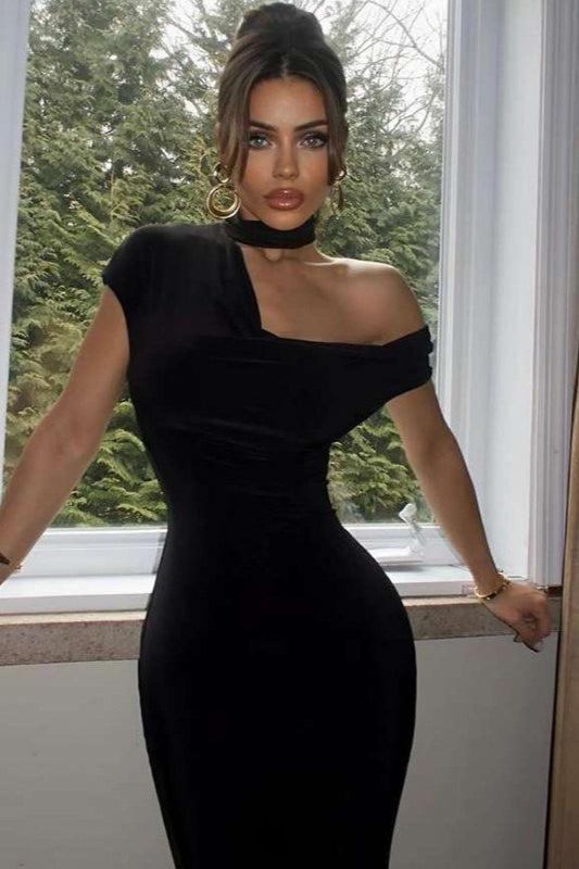 Velvet One Shoulder Choker Neck Bodycon Midi Party Dress - View 2