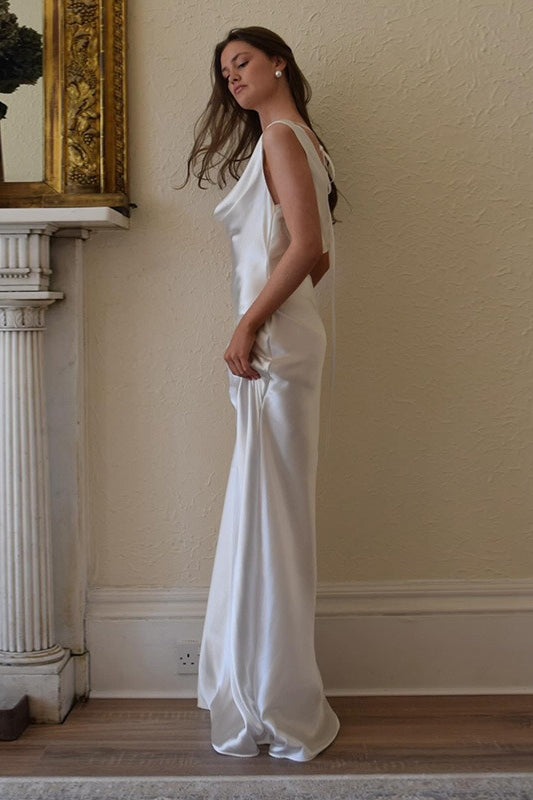 Satin Off Shoulder Cowl Draped Slim Fit Maxi Dress - View 3