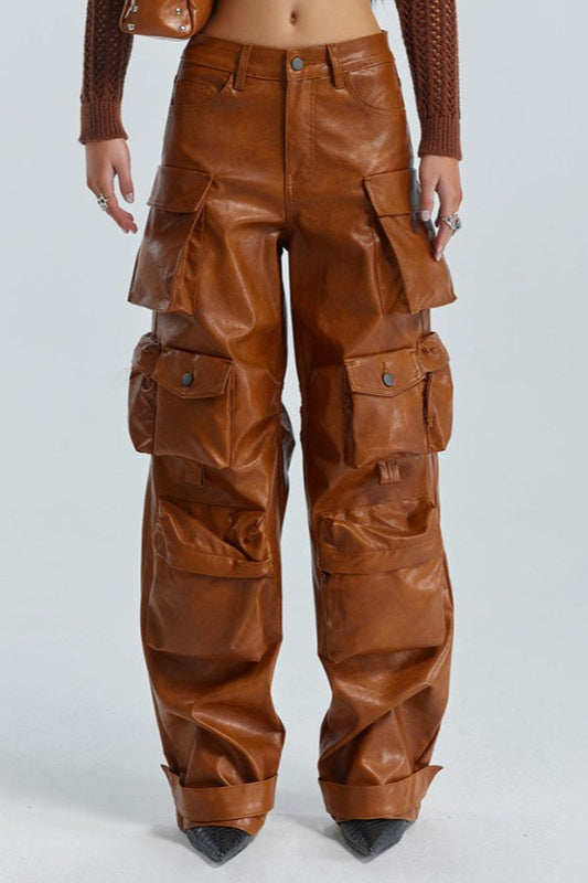 Multi Pocket PU Paneled Loose Wide Leg Cargo Pants