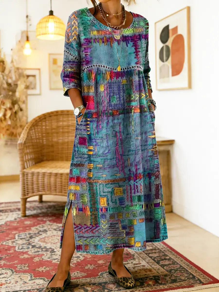 Patchwork Print Round Neck Pocket A-Line Maxi Dress 10