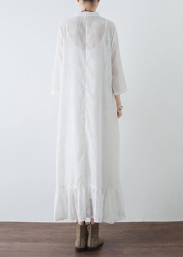 Mandarin Collar Frog Button Tiered Ruffle Gauze Maxi Dress - View 4