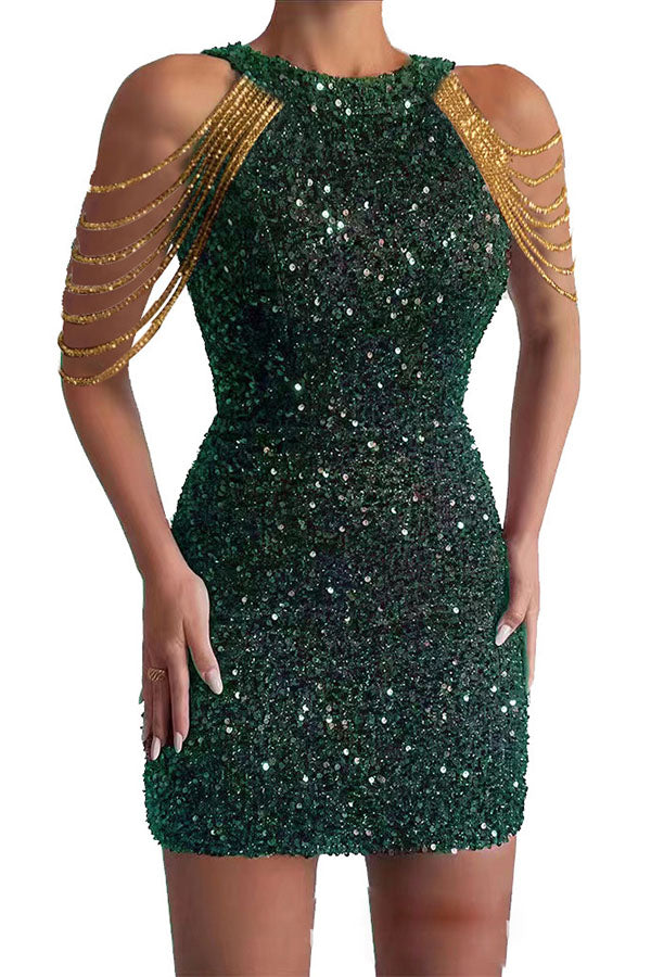Sequin High Neck Tassel Shoulder Bodycon Mini Dress - View 5