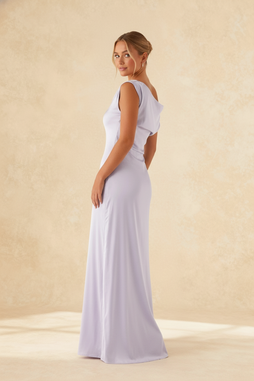 Satin One Shoulder Draped Mermaid Gown - View 13