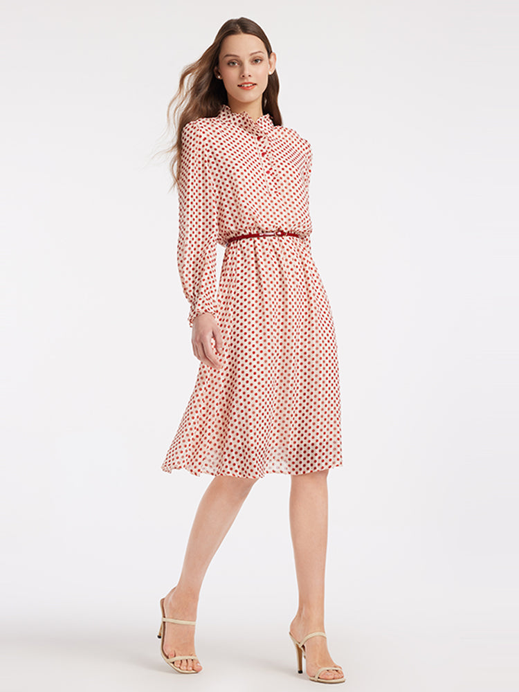 Gathered Waist Chiffon Polka Dot Midi Dress - View 2