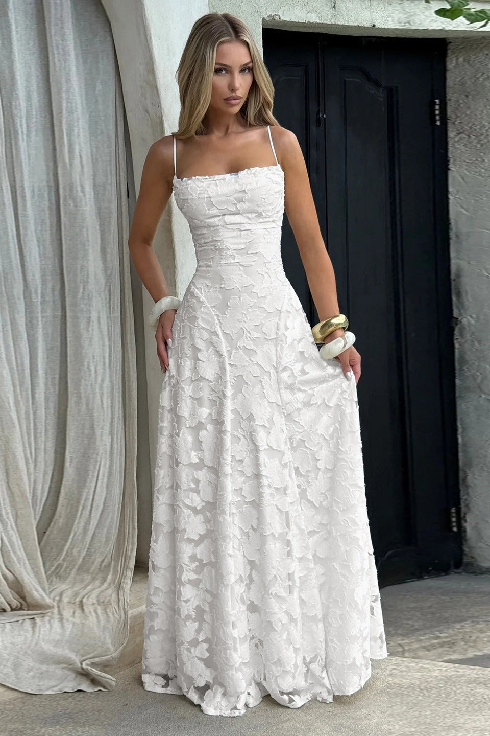 Jacquard Cami Backless Maxi Lace Dress - View 3