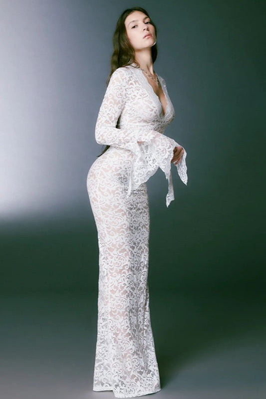 Deep V-Neck Lace Sheer Mesh Maxi Dress