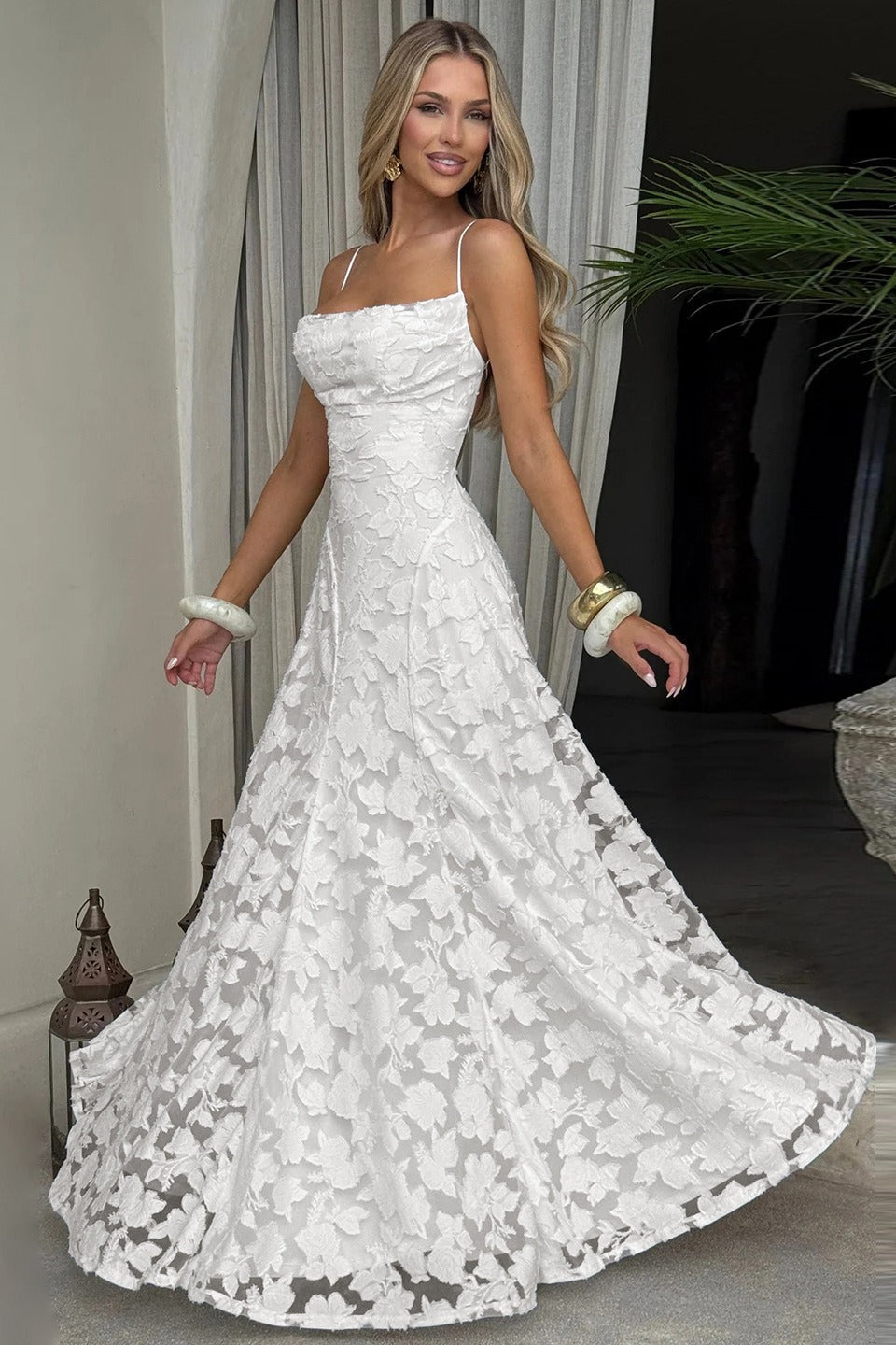 Jacquard Cami Backless Maxi Lace Dress