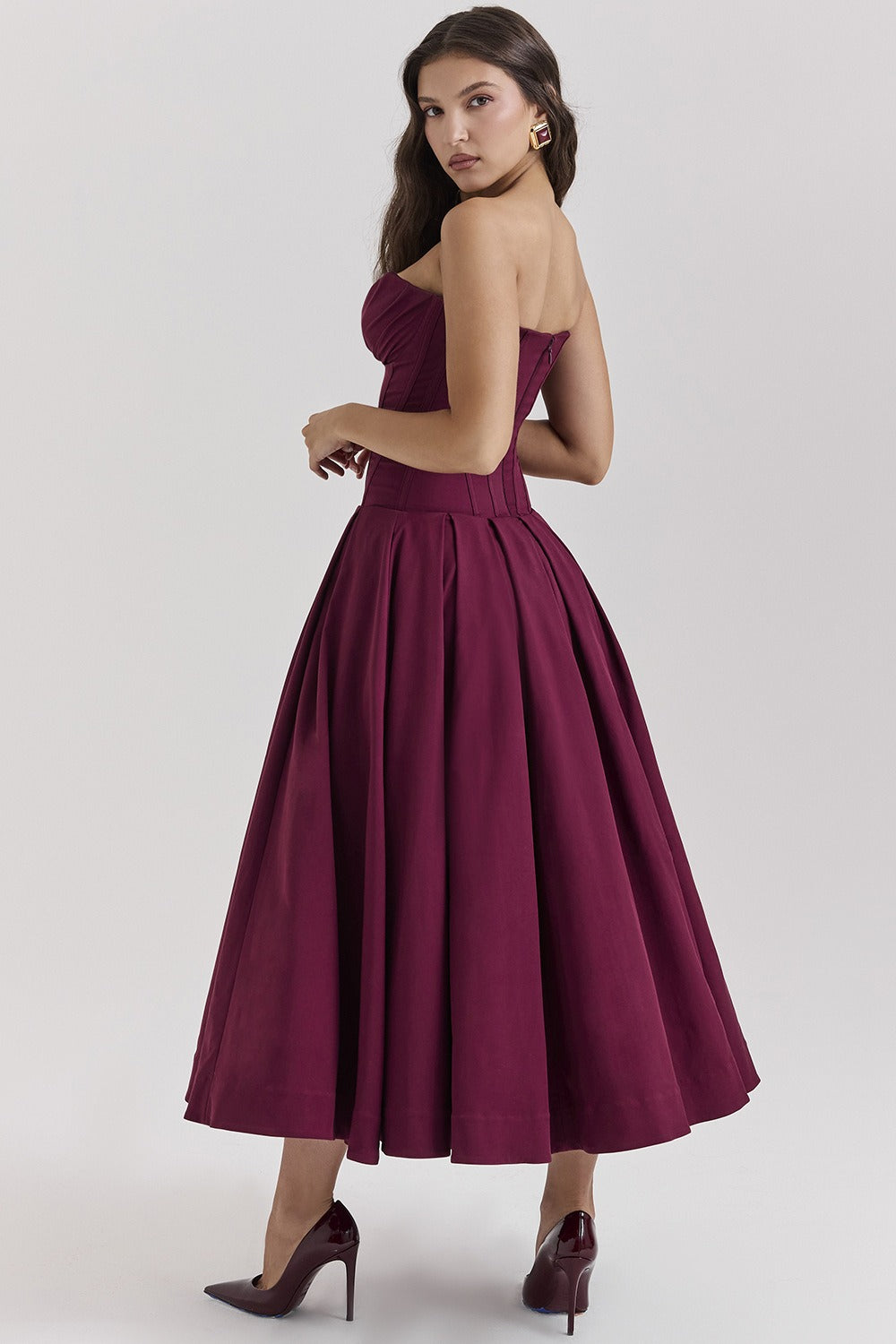 Strapless Corset Satin Fit and Flare High Low Midi Dress - View 3