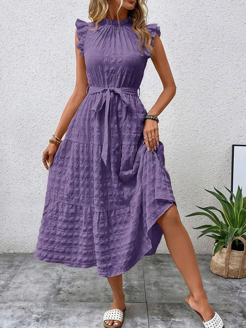 Crinkle Tie Waist Tiered Ruffle Collar Sleeveless Midi Summer Dress - View 3