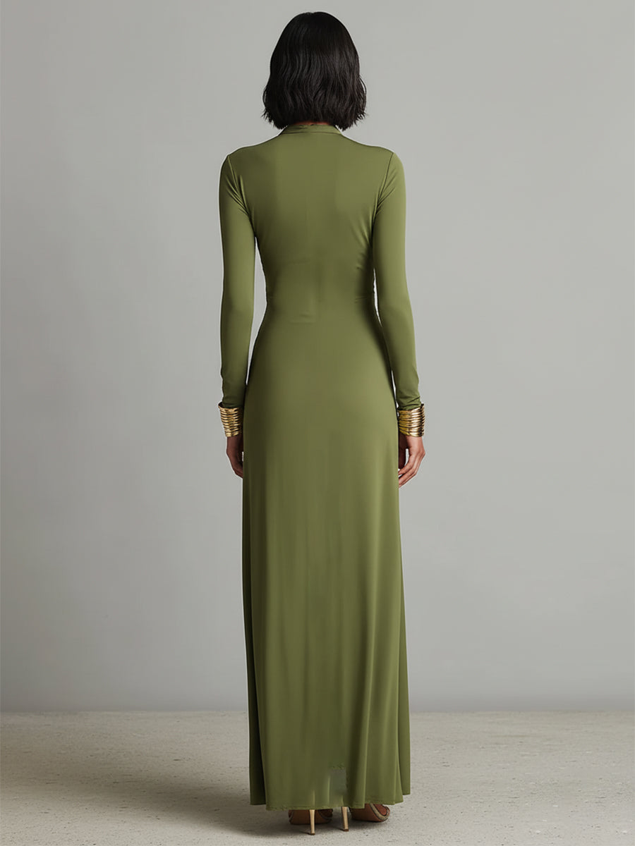 Deep V-Neck Long Sleeve Ruched Draped Maxi Dress Formal 6