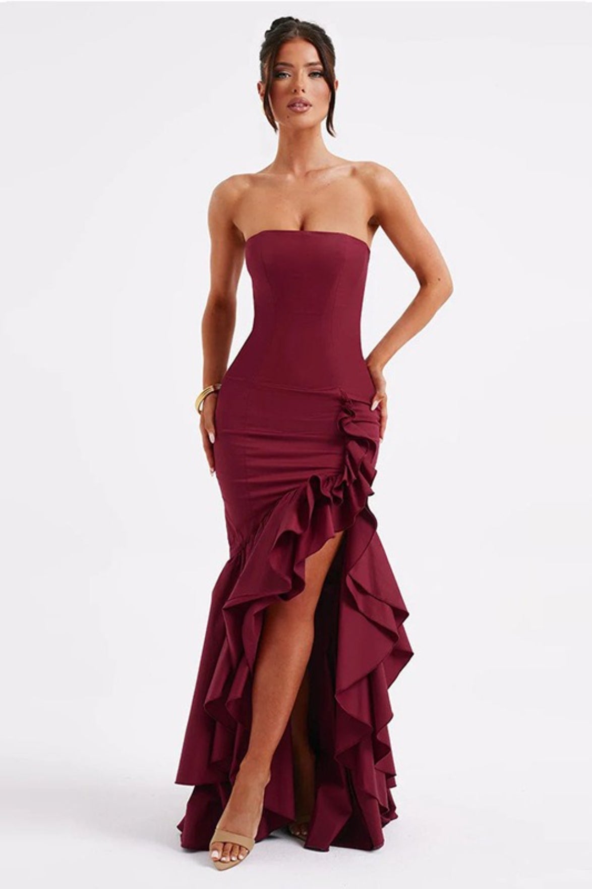 Strapless Ruffle Hem High Low Bodycon Maxi Dress - View 8
