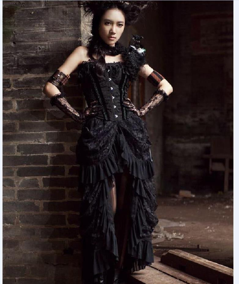 Retro Victorian Lace Up SteamGothic Goth Long Ruffle Dress