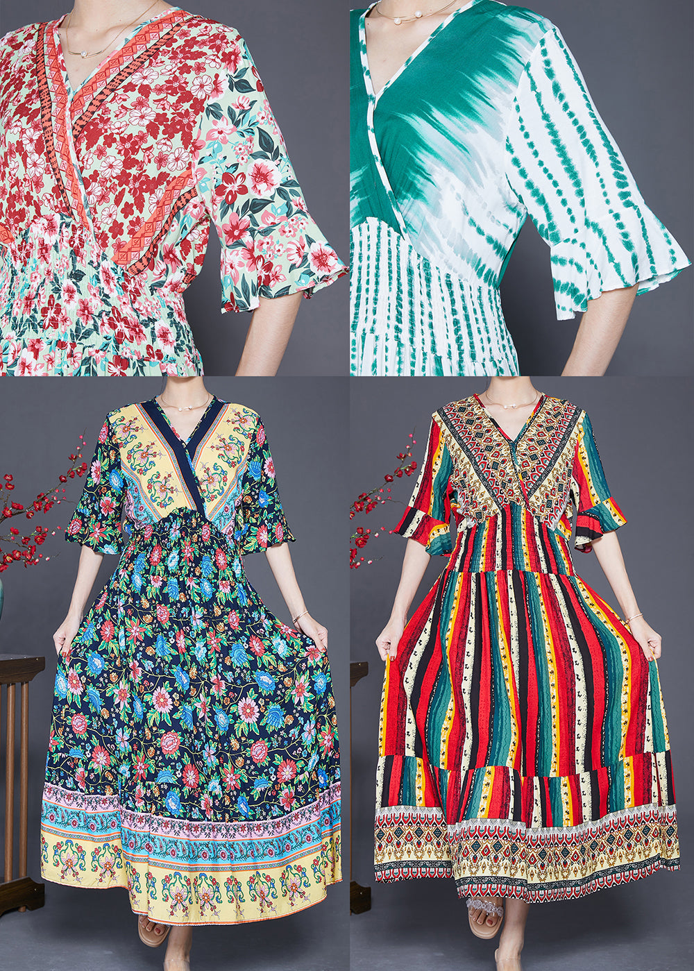 V-Neck Butterfly Sleeve Smocked Waist Border Print Maxi Dress - View 5