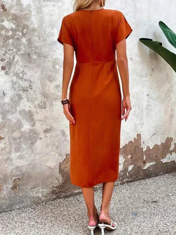 Satin V-Neck Short Sleeve Ruched Wrap Midi Dress - View 5