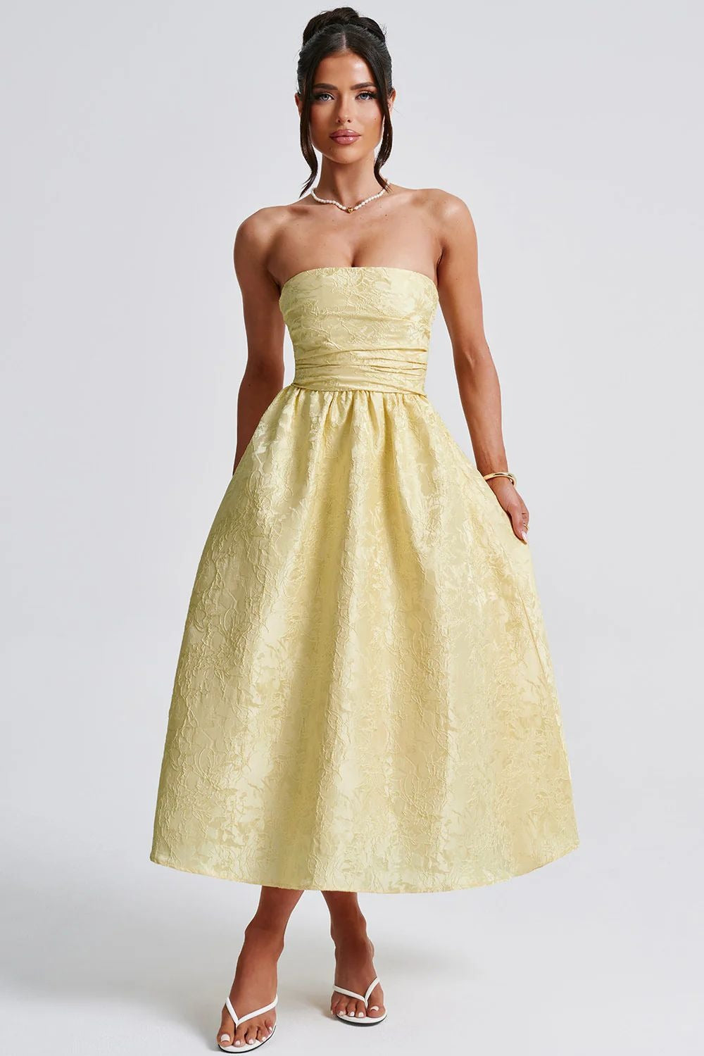 Jacquard Satin Bodycon Strapless Silk Dress - View 6