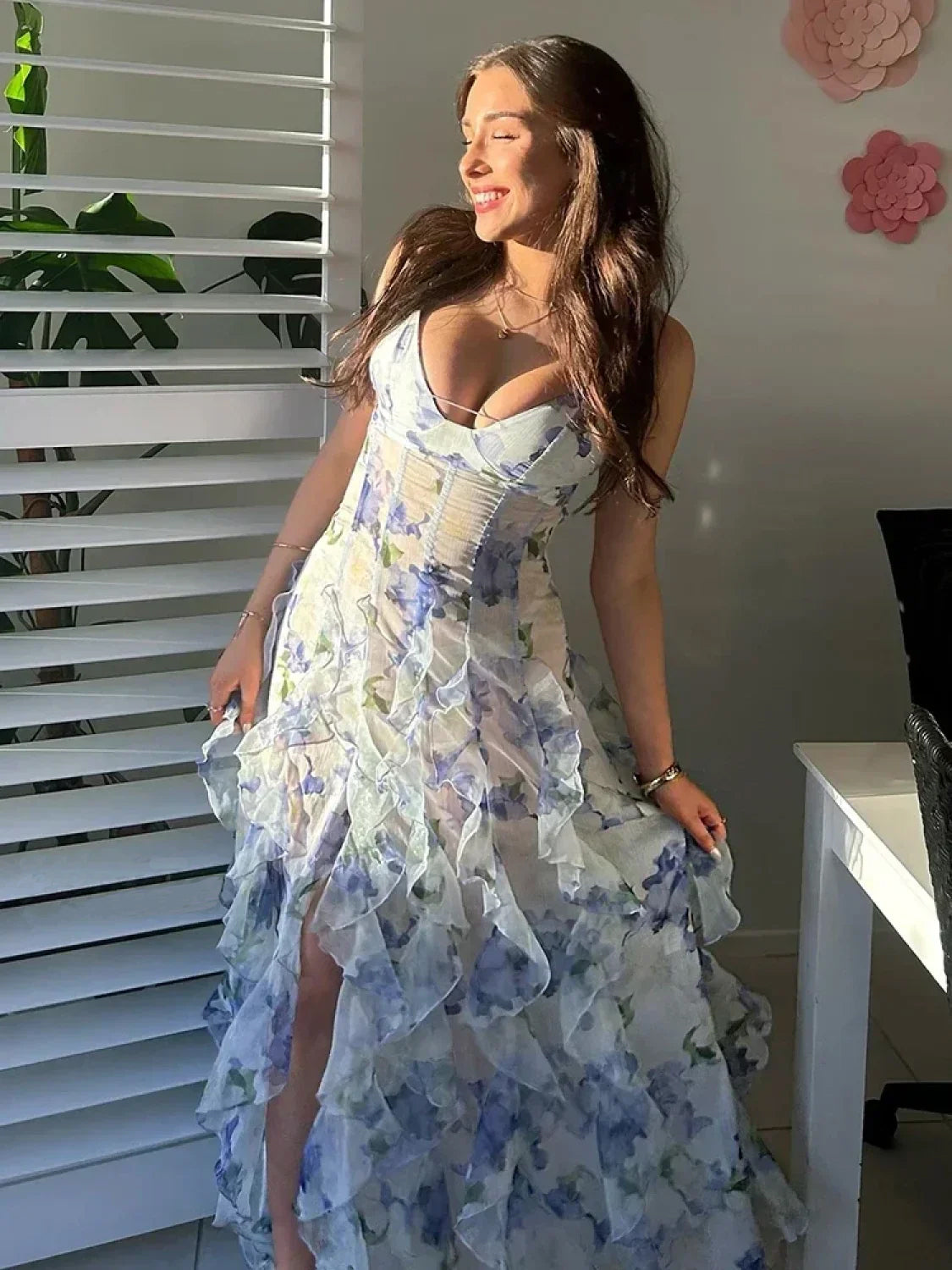 Floral V-Neck Cut Out Ruffle Tiered Maxi Dress 3