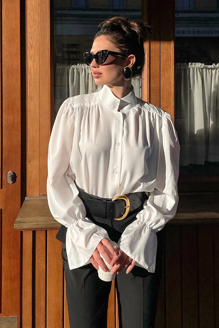 Mandarin Collar Puff Sleeve Blouse