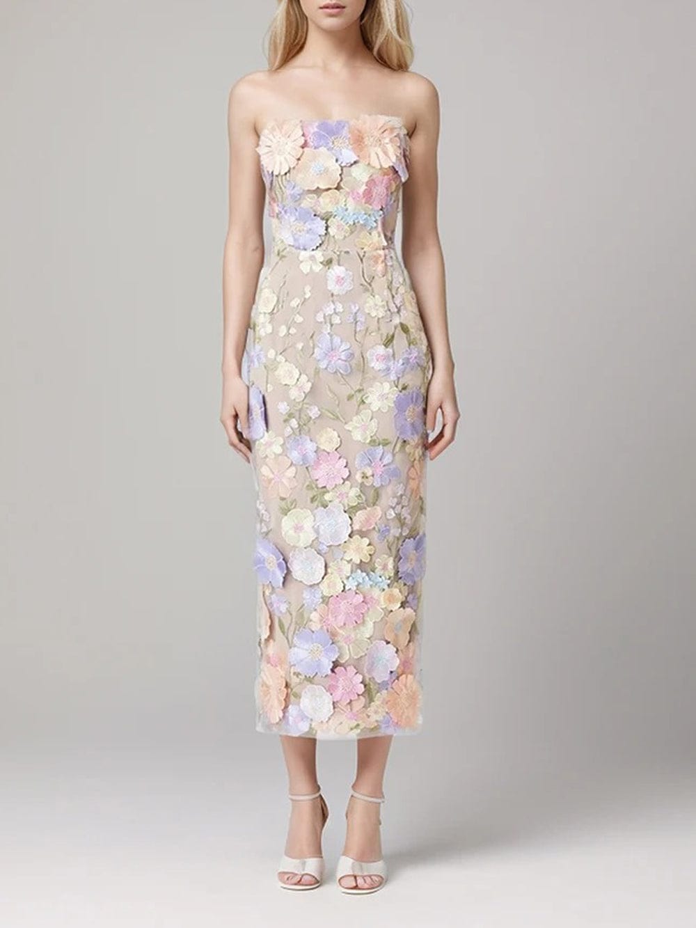 Strapless 3D Floral Applique Embroidered Mesh Overlay Midi Dress
