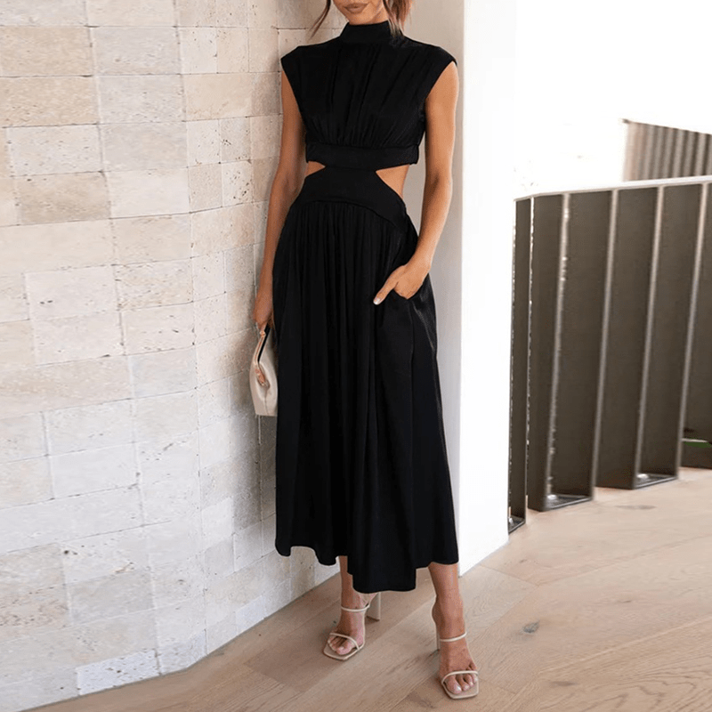 Mock Neck Pleated Bodice Cut Out Waist Pocket Midi Dress