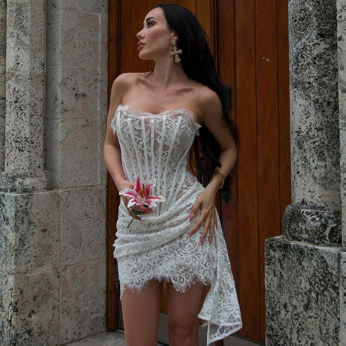 Lace Strapless Corset Draped Mini Dress - View 15