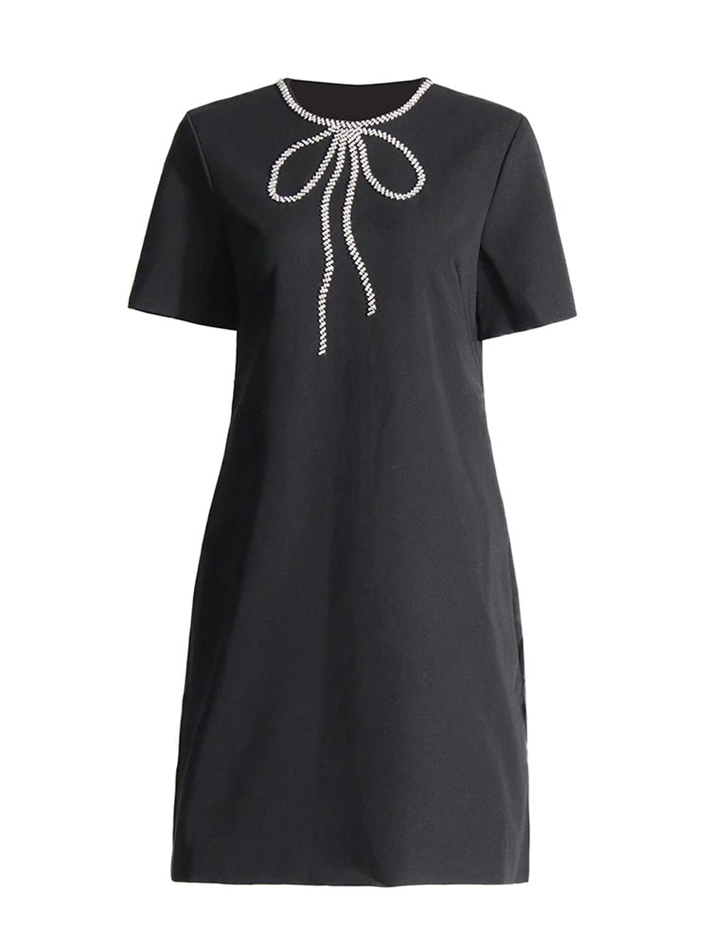 Rhinestone Bow Round Neck Short Sleeve Shift Mini Dress