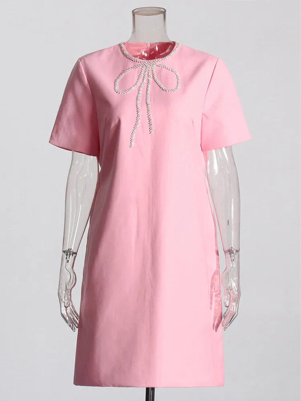 Rhinestone Bow Round Neck Short Sleeve Shift Mini Dress - View 5