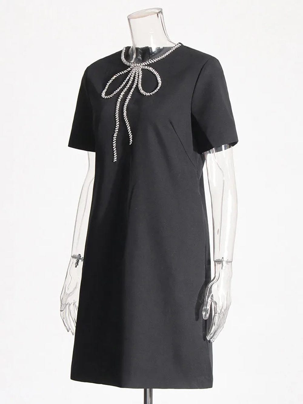 Rhinestone Bow Round Neck Short Sleeve Shift Mini Dress - View 3