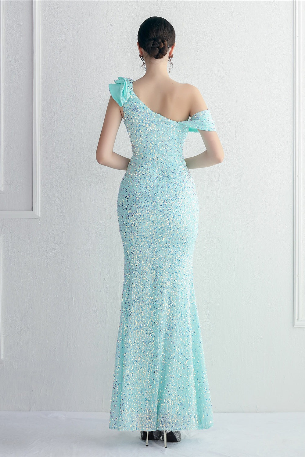 Sequin One Shoulder Ruffle High Split Mermaid Gown 28