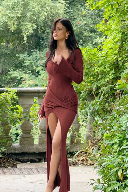 Scoop Neck Long Sleeve Ribbed Ruched High Split Maxi Dress 4