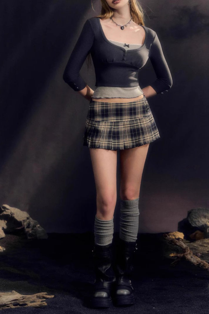 Low-Rise Pleated Denim Mini Skort