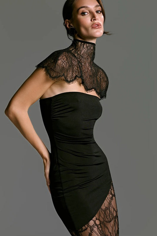 Strapless Lace Capelet High Split Asymmetric Maxi Dress 3