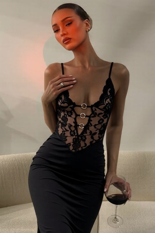 Floral Lace Bustier Ring Detail Strappy Bodycon Maxi Dress