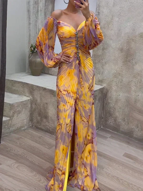Floral Chiffon Off Shoulder Bishop Sleeve Pleated Maxi Gown 3