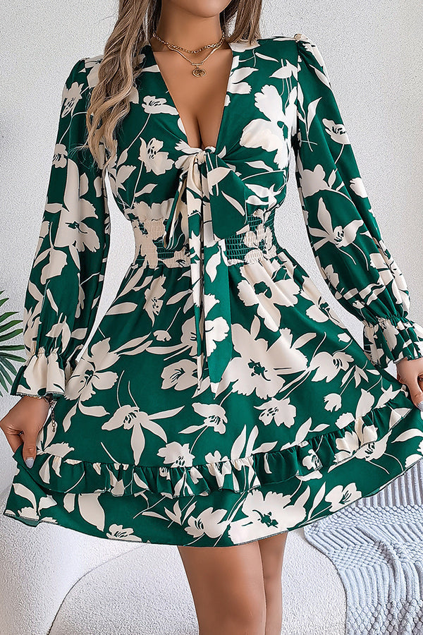Floral Print V-Neck Tie Front Long Sleeve Ruffle Hem Mini Dress - View 10