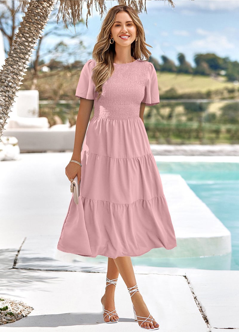 Smocked Round Neck Flutter Sleeve Tiered Empire Waist Dress - View 2