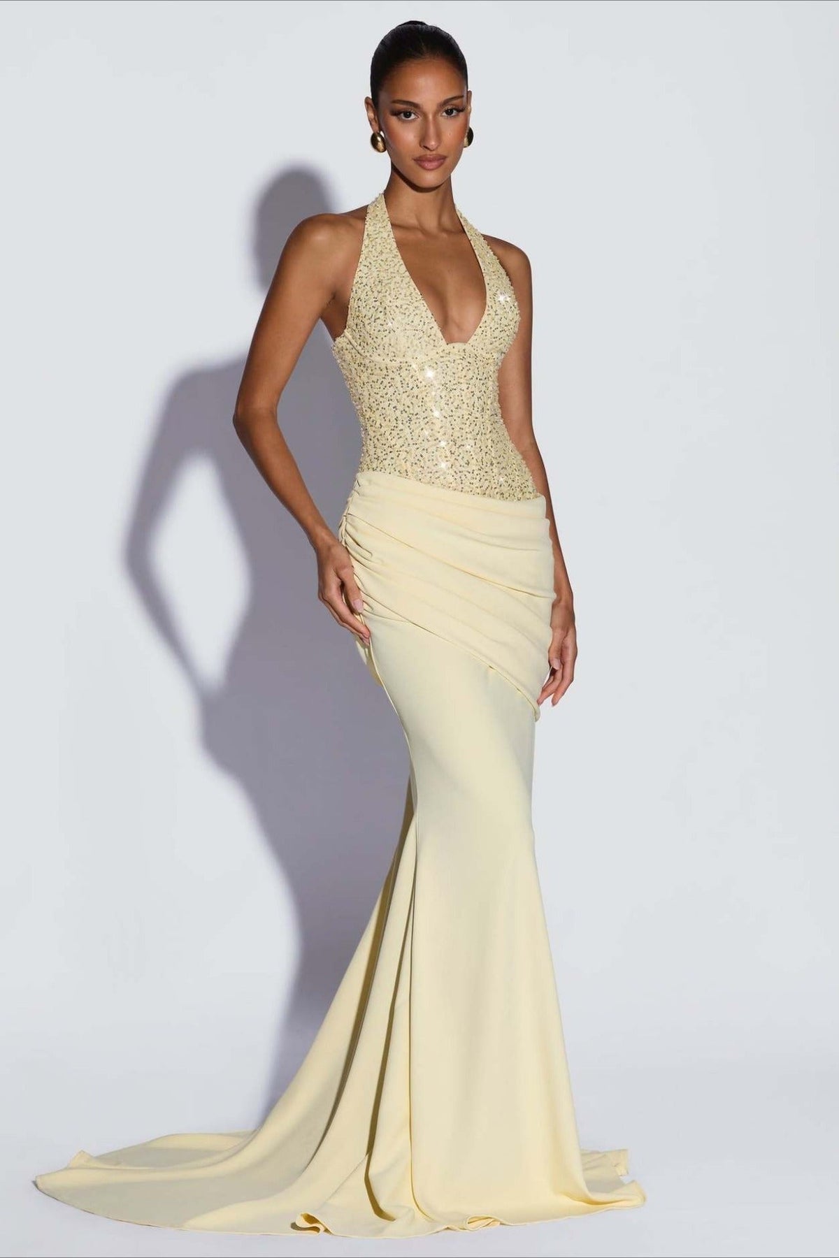 Halter-Neck Ruched Bodycon Sequin Maxi Dress