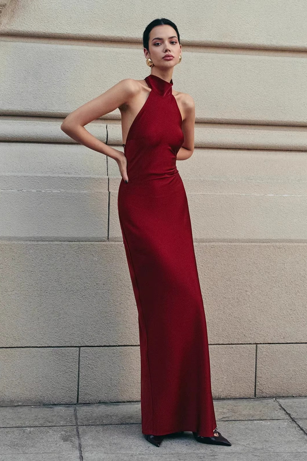 Satin Halter Neck Backless Bias Cut Slip Maxi Dress in Burgundy - View 3
