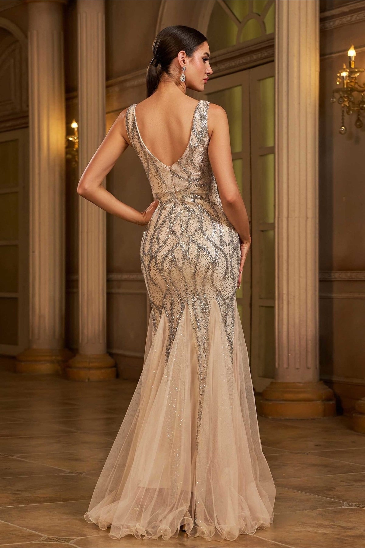 Sequin V-Neck Sleeveless Mesh Mermaid Maxi Gown 3