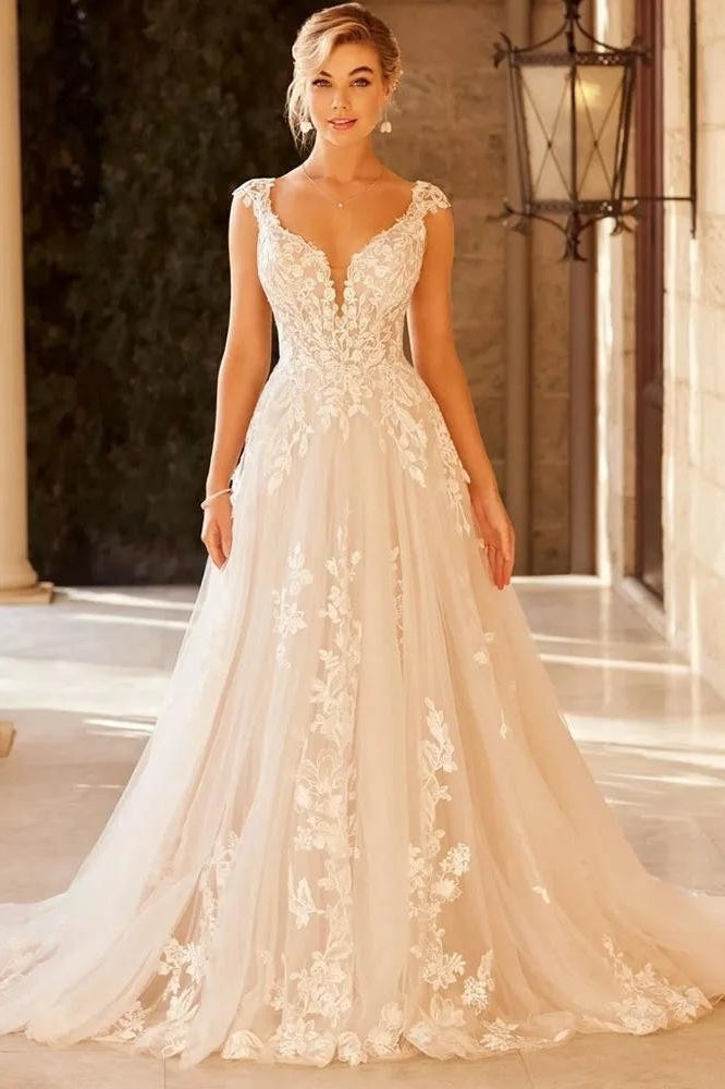 Lace Deep V-Neck Mesh Illusion Cap Sleeve Tulle A-Line Wedding Gown