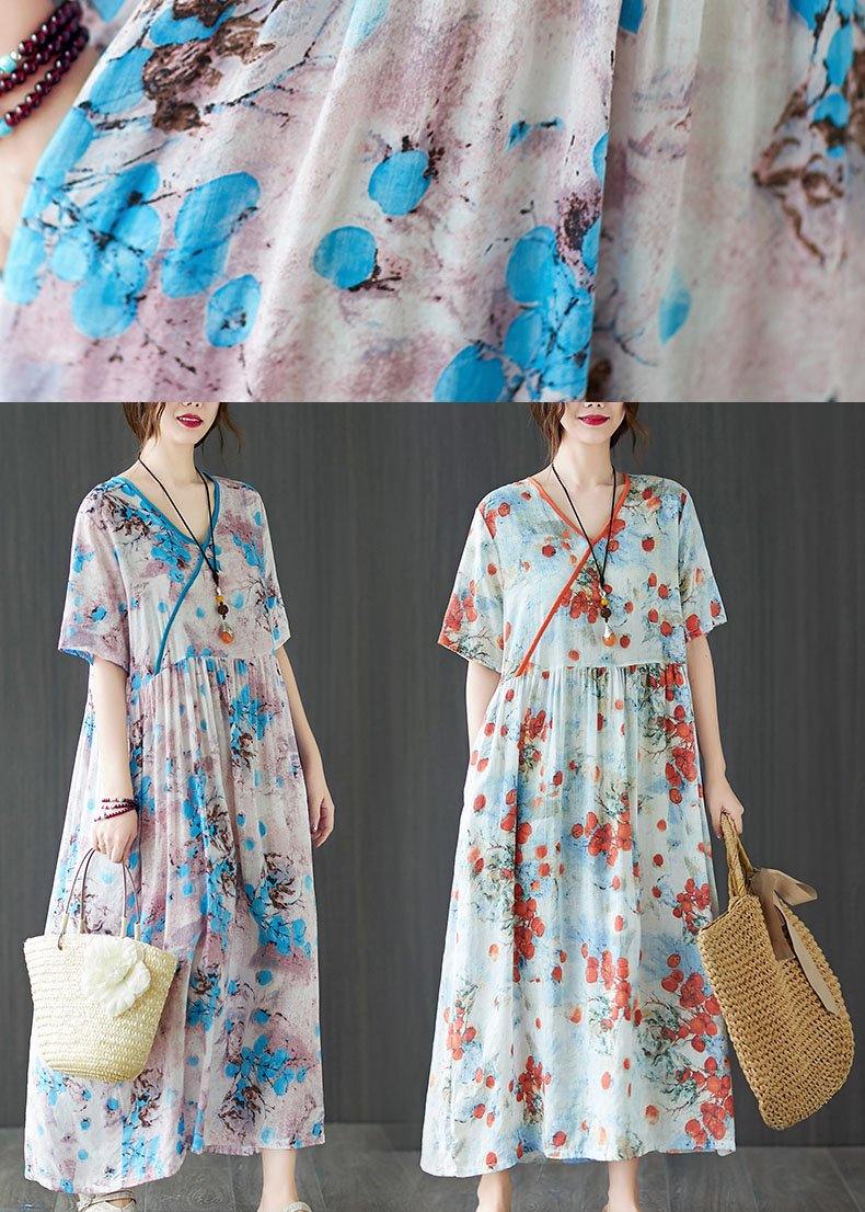 Berry Print Asymmetric V-Neck Empire Waist Short Sleeve Maxi Dress - View 5