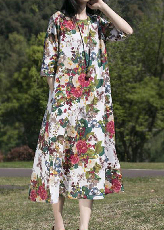 Floral Print Round Neck Half Sleeve Loose Oversized Maxi Dress - View 5