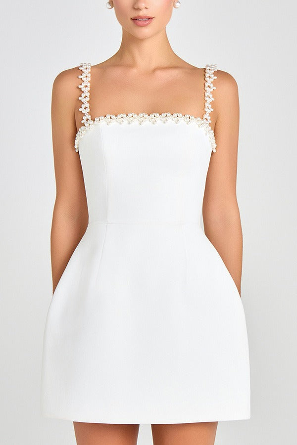 Beaded Trim Square Neck Spaghetti Strap Cocktail Mini Dress - View 4