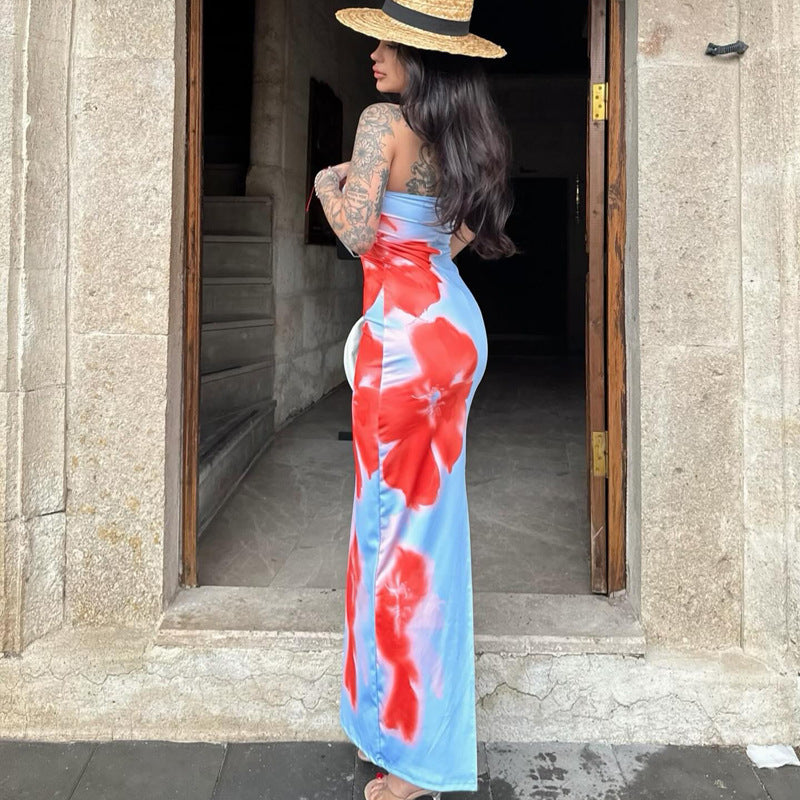Strapless Floral Print Bodycon High Split Maxi Dress - View 2