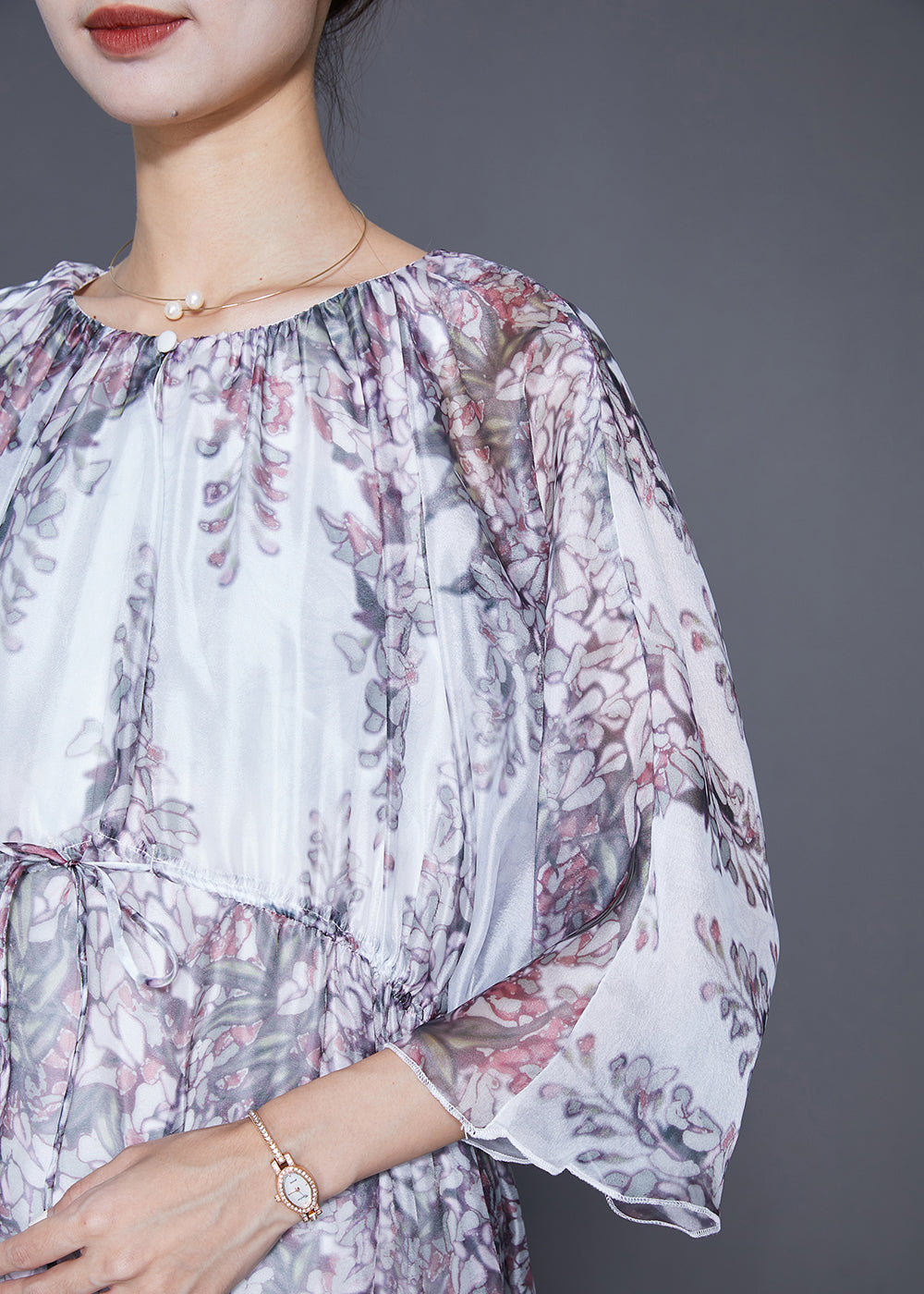 Wisteria Floral Print Sheer Chiffon Three Quarter Maxi Dress - View 5
