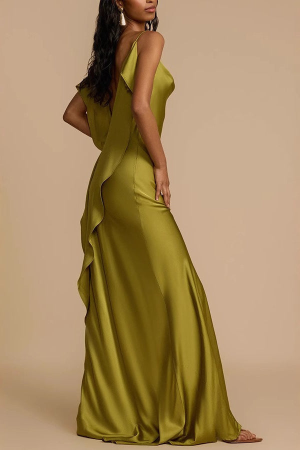 Satin Cowl Neck Spaghetti Strap High Split Column Slip Maxi Gown - View 4