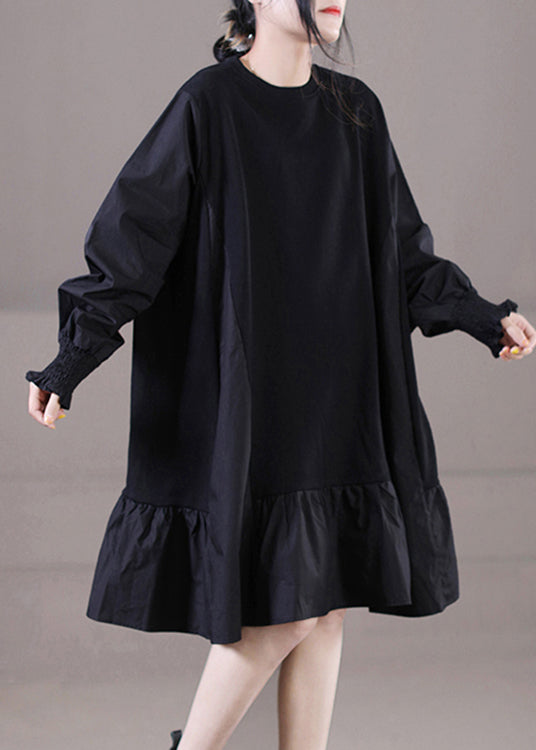 Knit Panel Round Neck Balloon Sleeve Smocked Cuff Mini Dress - View 2