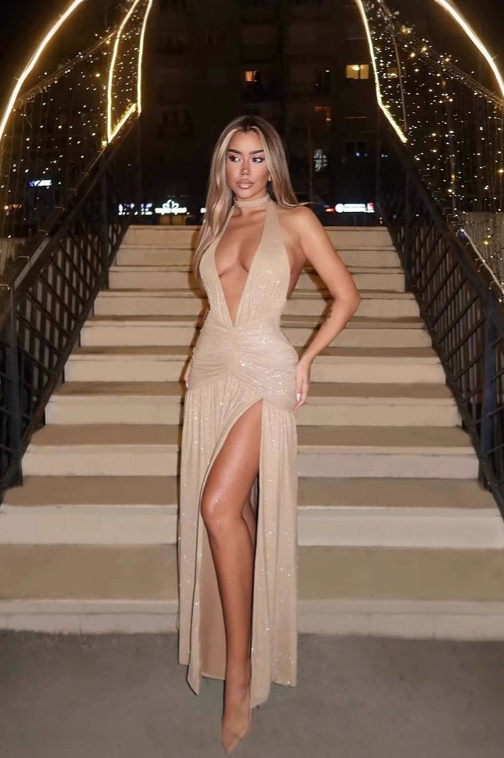 Halter Deep V-Neck Rhinestone Ruched High Split Maxi Dress - View 4