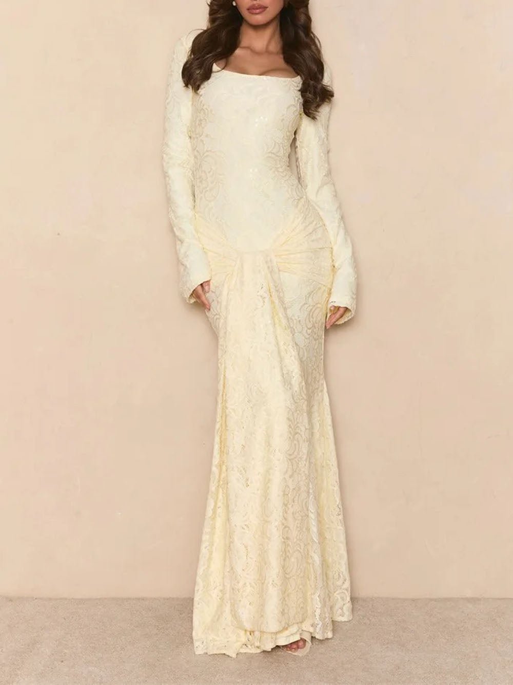 Celeste Draped Lace Maxi Dress in White - View 4