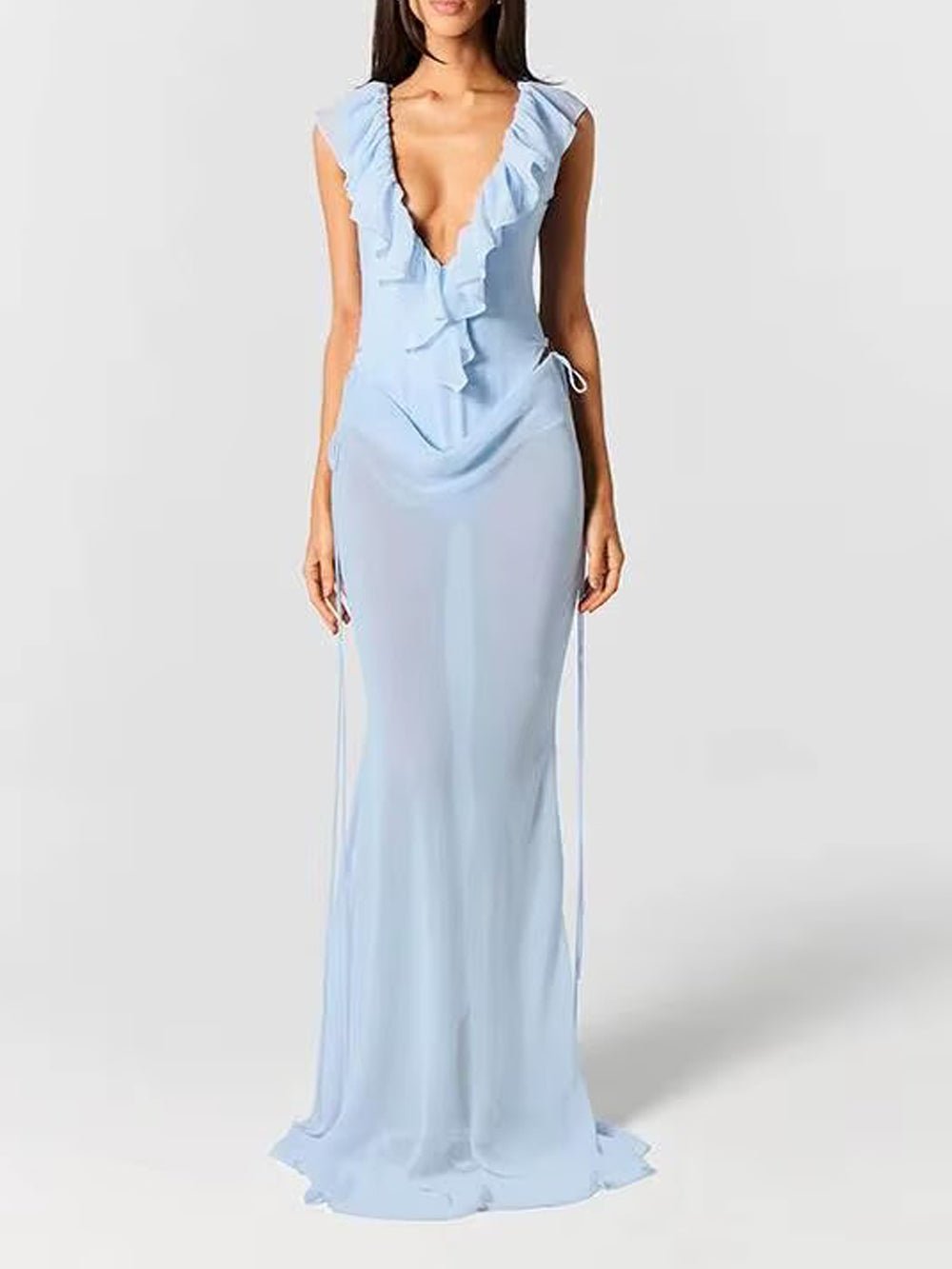 Deep V-Neck Ruffle Trim Backless Bias Cut Mermaid Maxi Dress in Blue